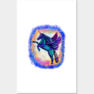 Unicorn - sparkly, glittery, magical, winged unicorn with rainbow background Posters and Art